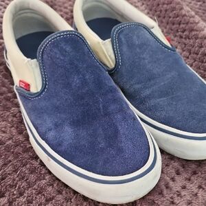 Vans Blue and White Slip-On Sneakers Suede Upper Men 9.5 Women 11